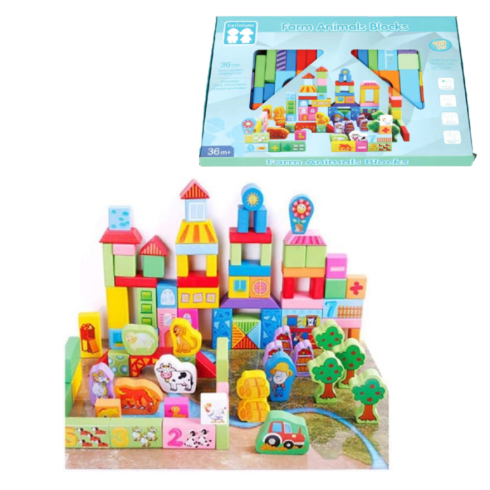 Set 100 Cuburi de Construcție din Lemn Ferma Animalelor Beilaluna [5]