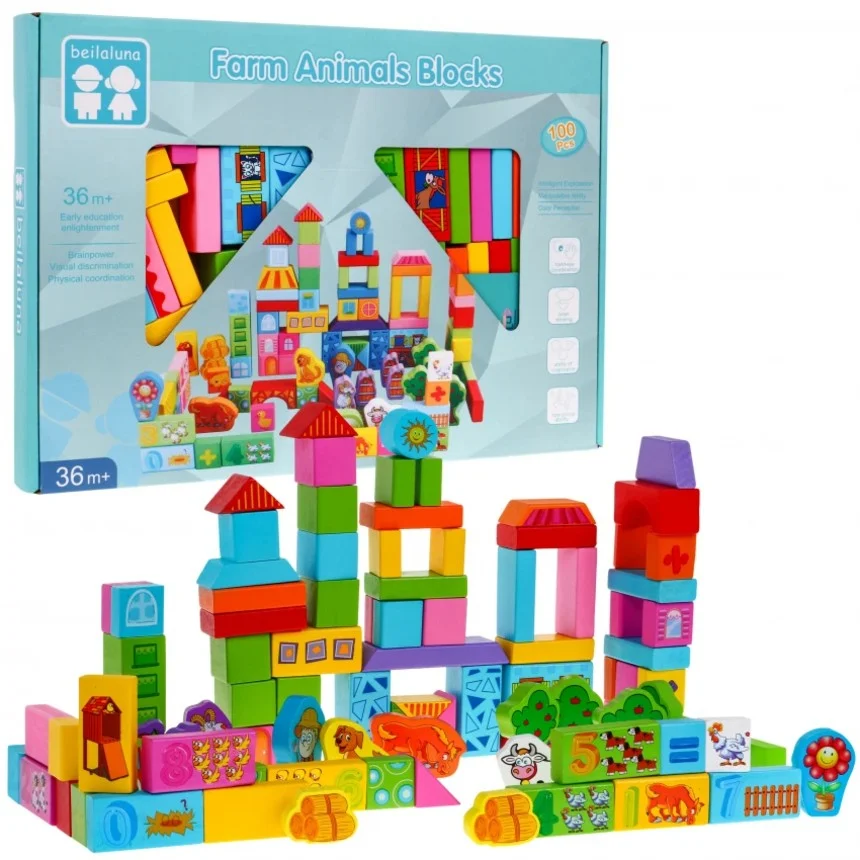 Set 100 Cuburi de Construcție din Lemn Ferma Animalelor Beilaluna [8]
