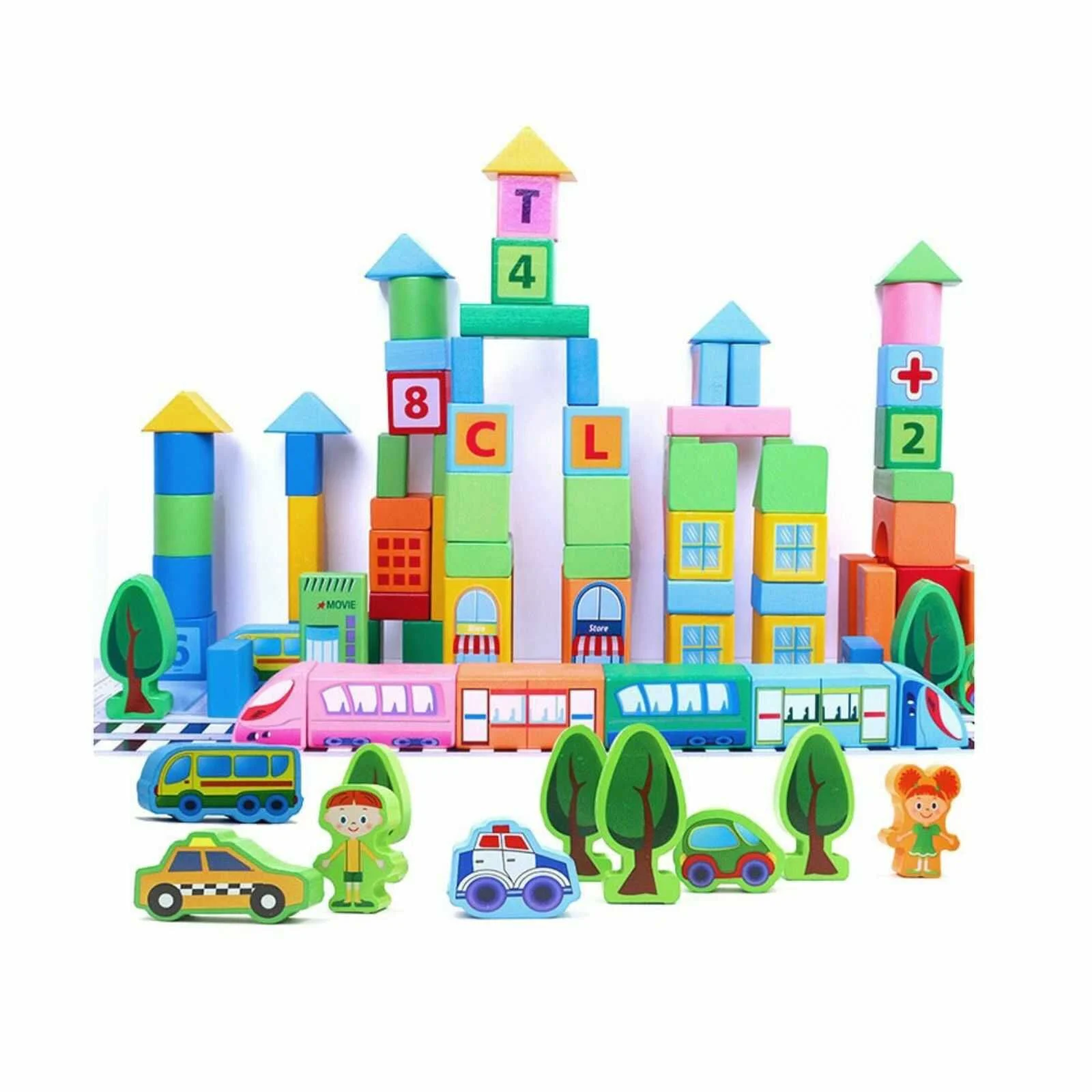 Set 100 Cuburi de Construcție din Lemn Beilaluna Urban Traffic cu Clădiri, Vehicule și Personaje, 3+ ani [10]