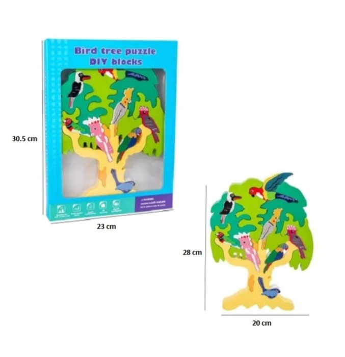 Joc puzzle 3D din lemn, Copac cu pasari, 18 piese, 38 x 28 cm, multicolor [3]