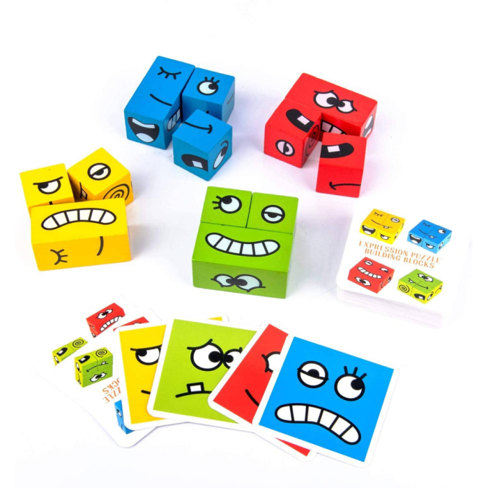 Puzzle Montessori din Lemn cu Emoții și Expresii Faciale, 12 Cuburi și 50 Carduri Provocare, 3+ ani [16]