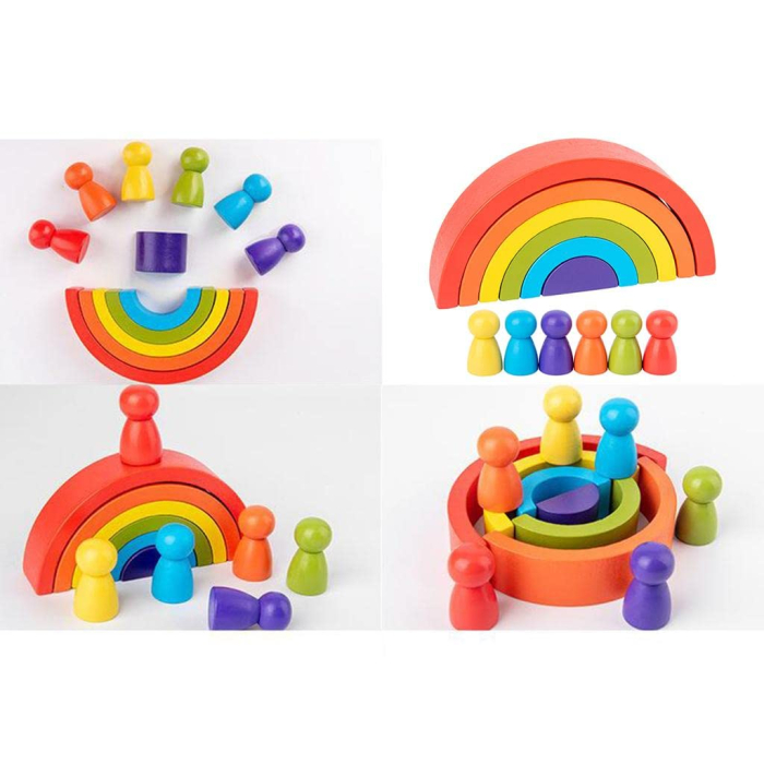 Jucărie Montessori Curcubeu din Lemn cu 6 Semicercuri și 6 Pioni Rainbow, Joc de Construcție și Stivuire, 3+ ani [5]