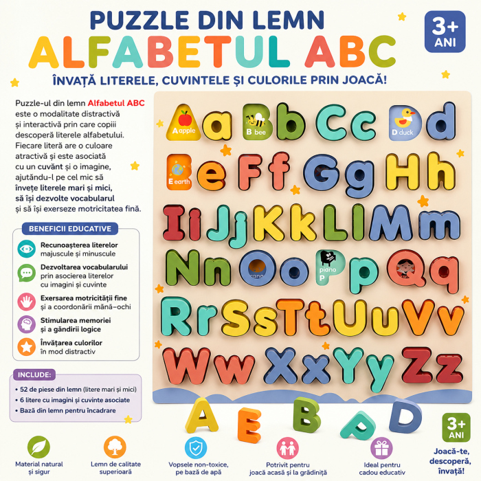Puzzle Alfabet din Lemn cu Litere Mari și Mici 52 Piese [3]