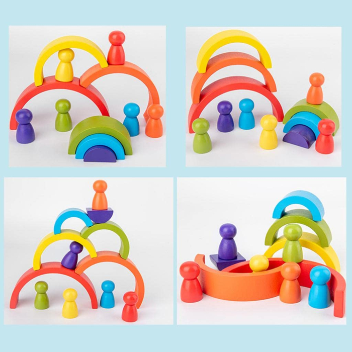 Jucărie Montessori Curcubeu din Lemn cu 6 Semicercuri și 6 Pioni Rainbow, Joc de Construcție și Stivuire, 3+ ani [6]