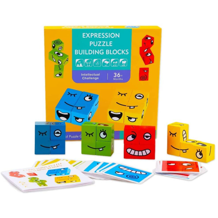 Puzzle Montessori din Lemn cu Emoții și Expresii Faciale, 12 Cuburi și 50 Carduri Provocare, 3+ ani [8]