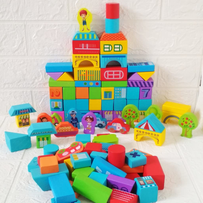 Set 100 Cuburi de Construcție din Lemn Beilaluna Urban Traffic cu Clădiri, Vehicule și Personaje, 3+ ani [3]