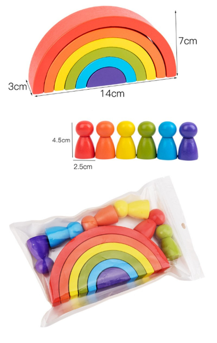 Jucărie Montessori Curcubeu din Lemn cu 6 Semicercuri și 6 Pioni Rainbow, Joc de Construcție și Stivuire, 3+ ani [18]
