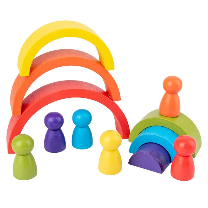 Jucărie Montessori Curcubeu din Lemn cu 6 Semicercuri și 6 Pioni Rainbow, Joc de Construcție și Stivuire, 3+ ani [7]