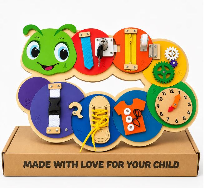 Placă Montessori Busy Board Omidă din Lemn cu 7 Activități – Încuietori, Fermoar, Șiret și Ceas, 3+ ani [9]