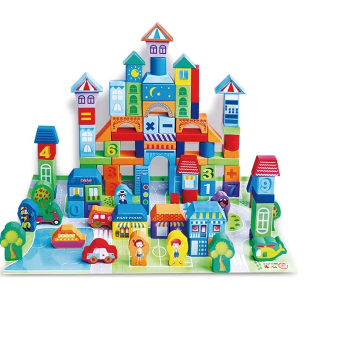 Set 100 Cuburi de Construcție din Lemn Beilaluna Urban Traffic cu Clădiri, Vehicule și Personaje, 3+ ani [4]