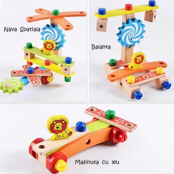 Banc de Lucru din Lemn cu Scăunel de Asamblat și Unelte, Set STEM 49 Piese, Joc Educativ de Construcție și Motricitate, 3+ ani [2]