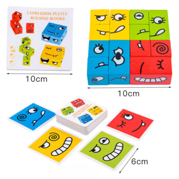 Puzzle Montessori din Lemn cu Emoții și Expresii Faciale, 12 Cuburi și 50 Carduri Provocare, 3+ ani [4]