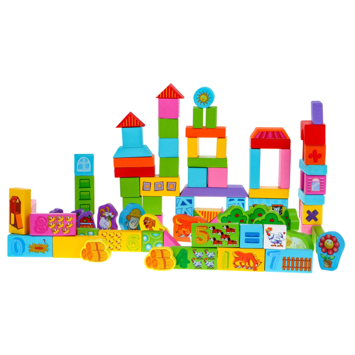 Set 100 Cuburi de Construcție din Lemn Ferma Animalelor Beilaluna [4]