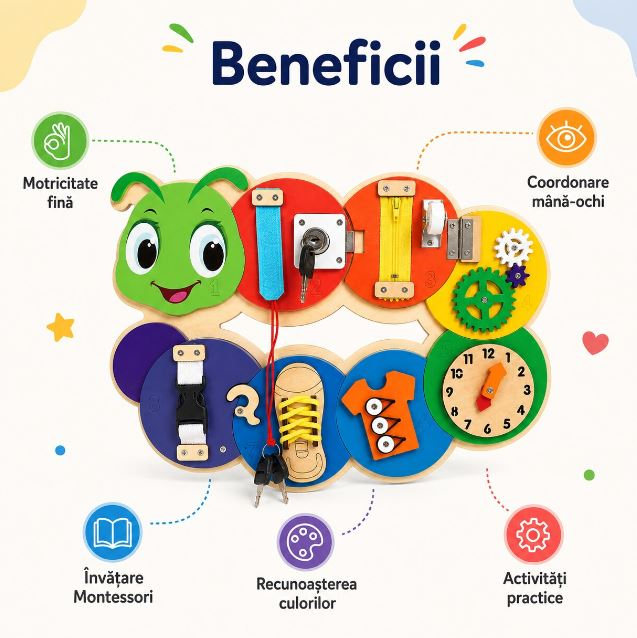 Placă Montessori Busy Board Omidă din Lemn cu 7 Activități – Încuietori, Fermoar, Șiret și Ceas, 3+ ani [6]