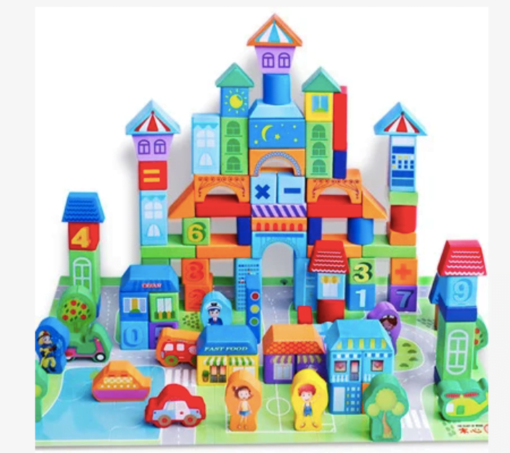 Set 100 Cuburi de Construcție din Lemn Beilaluna Urban Traffic cu Clădiri, Vehicule și Personaje, 3+ ani [6]