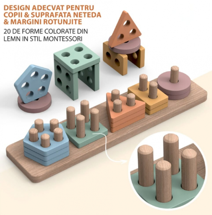 Sortator forme geometrice cu 5 coloane, de tip Montessori, Nordic Geometric Stacker, 20 piese lemn [7]