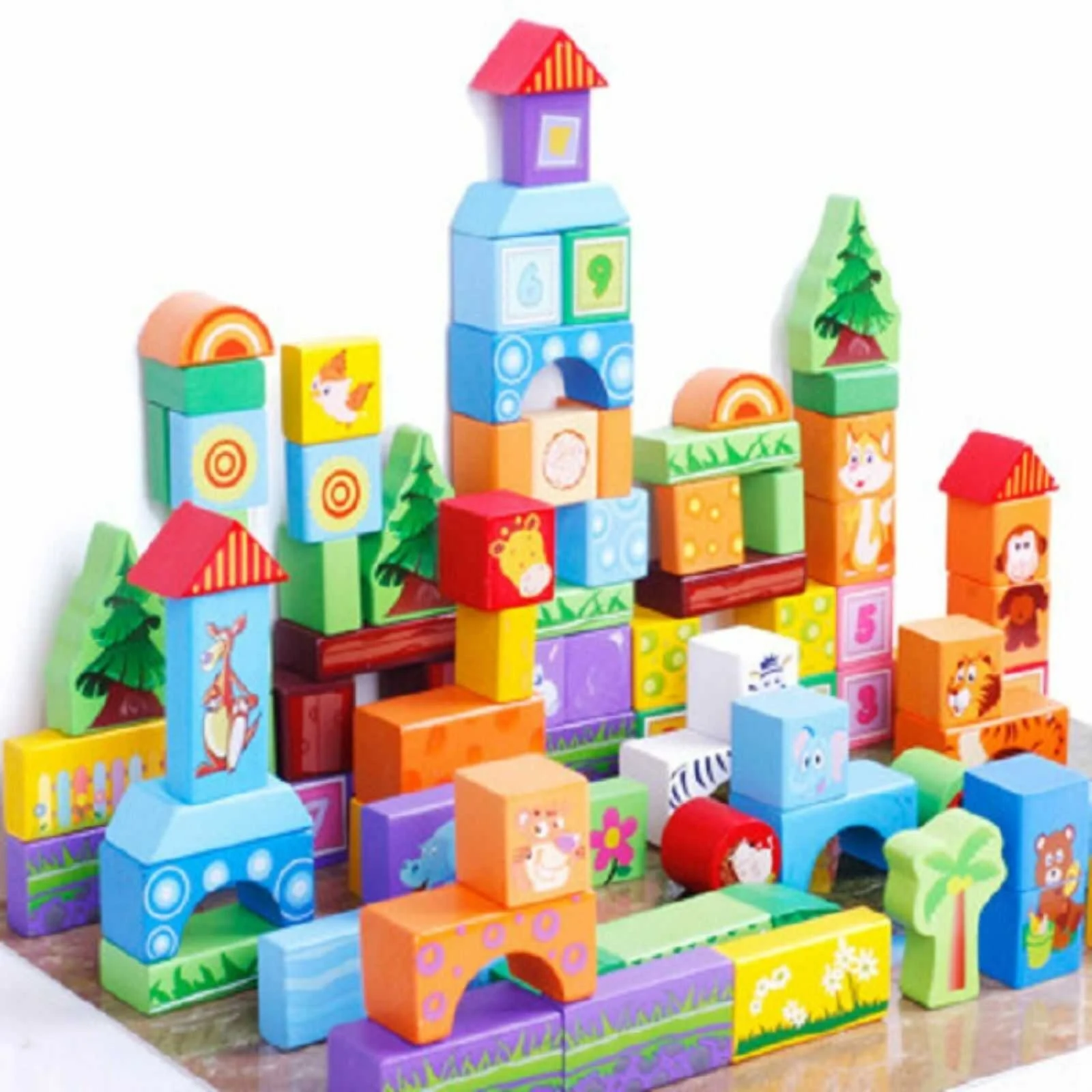 Set 100 Cuburi de Construcție din Lemn Beilaluna cu Animale Sălbatice, Joc Montessori Educativ, 3+ ani [7]