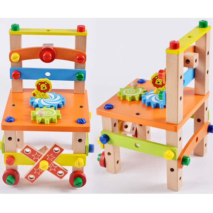 Banc de Lucru din Lemn cu Scăunel de Asamblat și Unelte, Set STEM 49 Piese, Joc Educativ de Construcție și Motricitate, 3+ ani [5]