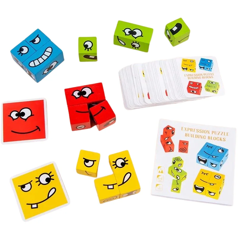 Puzzle Montessori din Lemn cu Emoții și Expresii Faciale, 12 Cuburi și 50 Carduri Provocare, 3+ ani [3]