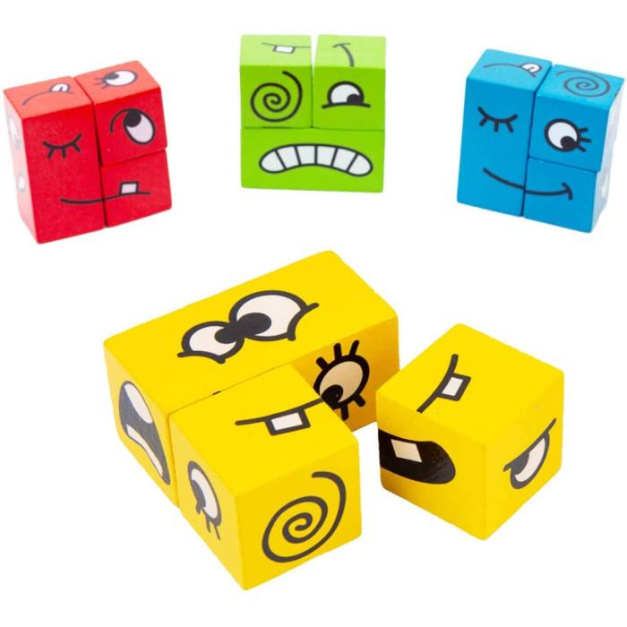 Puzzle Montessori din Lemn cu Emoții și Expresii Faciale, 12 Cuburi și 50 Carduri Provocare, 3+ ani [14]