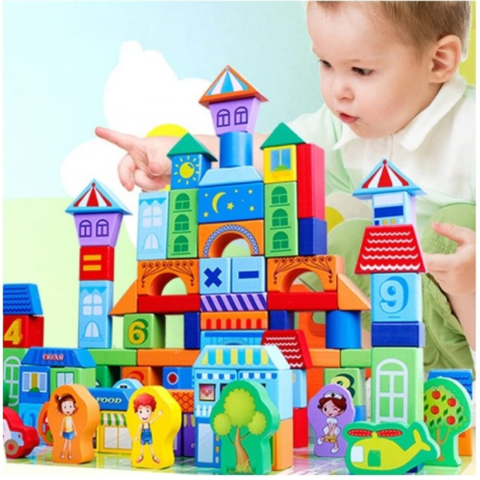 Set 100 Cuburi de Construcție din Lemn Beilaluna Urban Traffic cu Clădiri, Vehicule și Personaje, 3+ ani [2]
