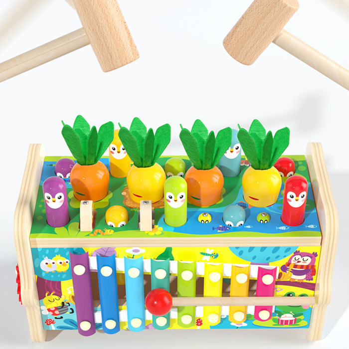 Jucărie Montessori Multifuncțională din Lemn cu Pescuit Magnetic, Ciocănel, Xilofon și Joc cu Morcovi [10]