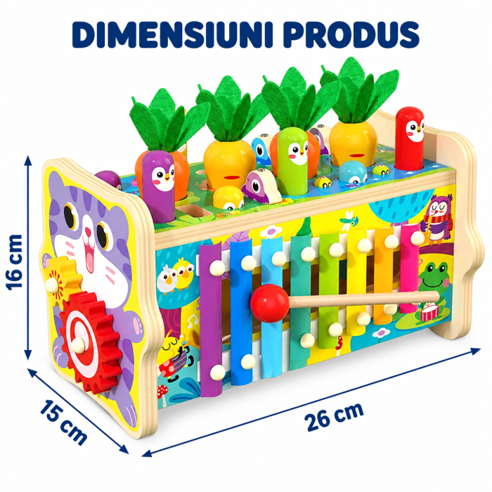 Jucărie Montessori Multifuncțională din Lemn cu Pescuit Magnetic, Ciocănel, Xilofon și Joc cu Morcovi [4]