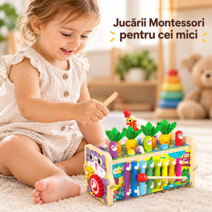 Jucărie Montessori Multifuncțională din Lemn cu Pescuit Magnetic, Ciocănel, Xilofon și Joc cu Morcovi [7]