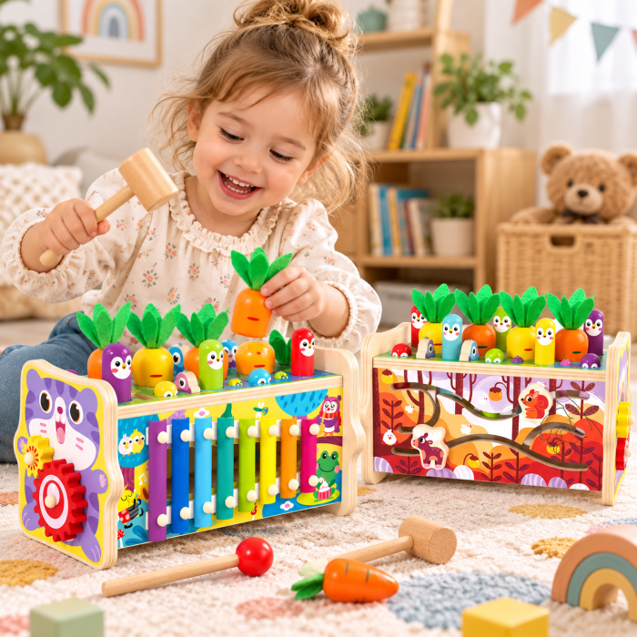 Jucărie Montessori Multifuncțională din Lemn cu Pescuit Magnetic, Ciocănel, Xilofon și Joc cu Morcovi [2]