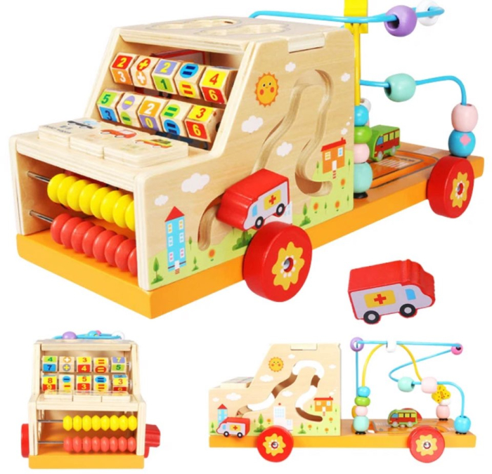 Camion educativ multifuncțional din lemn cu abac, labirint, sortator de forme și jocuri matematice [3]