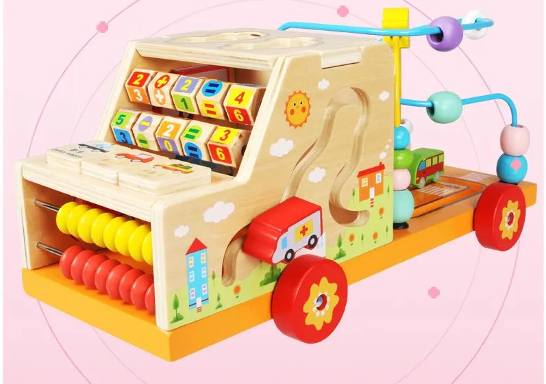 Camion educativ multifuncțional din lemn cu abac, labirint, sortator de forme și jocuri matematice [16]