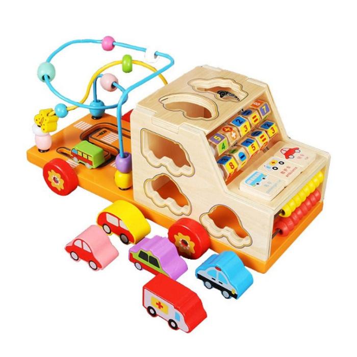 Camion educativ multifuncțional din lemn cu abac, labirint, sortator de forme și jocuri matematice [13]