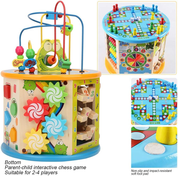 Centru Activitati Montessori 8 in 1 din Lemn, Cub Educativ Multifunctional Broscuta, Abac, Sortator Forme, Labirint, Ceas, Dezvoltare Motricitate si Logica, 3+ ani [26]