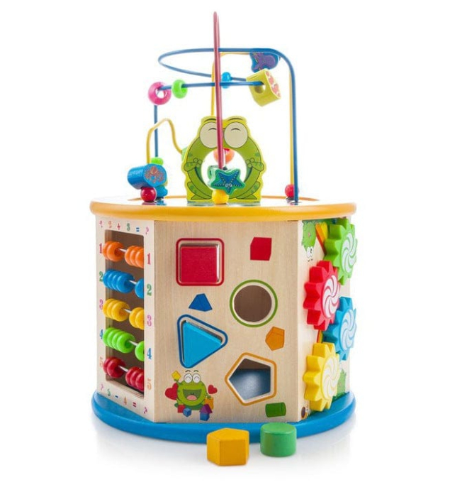 Centru Activitati Montessori 8 in 1 din Lemn, Cub Educativ Multifunctional Broscuta, Abac, Sortator Forme, Labirint, Ceas, Dezvoltare Motricitate si Logica, 3+ ani [14]