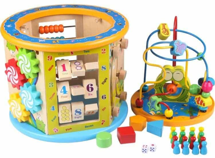Centru Activitati Montessori 8 in 1 din Lemn, Cub Educativ Multifunctional Broscuta, Abac, Sortator Forme, Labirint, Ceas, Dezvoltare Motricitate si Logica, 3+ ani [4]