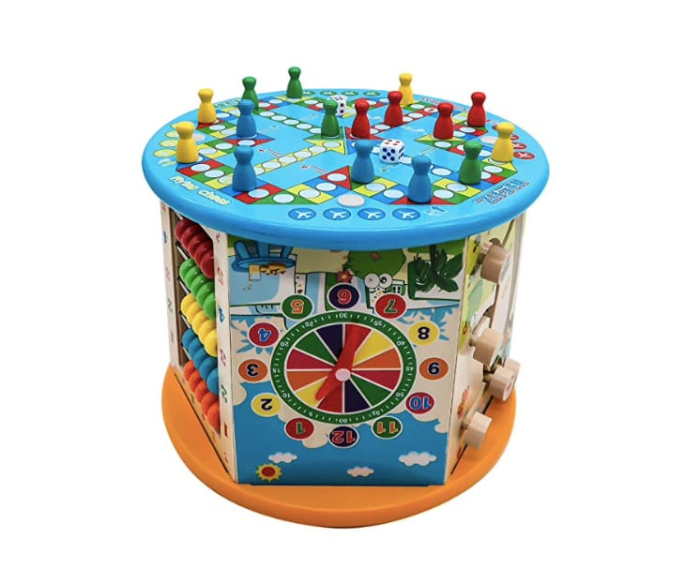 Centru Activitati Montessori 8 in 1 din Lemn, Cub Educativ Multifunctional Broscuta, Abac, Sortator Forme, Labirint, Ceas, Dezvoltare Motricitate si Logica, 3+ ani [11]