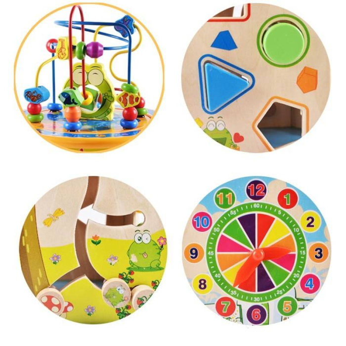 Centru Activitati Montessori 8 in 1 din Lemn, Cub Educativ Multifunctional Broscuta, Abac, Sortator Forme, Labirint, Ceas, Dezvoltare Motricitate si Logica, 3+ ani [8]