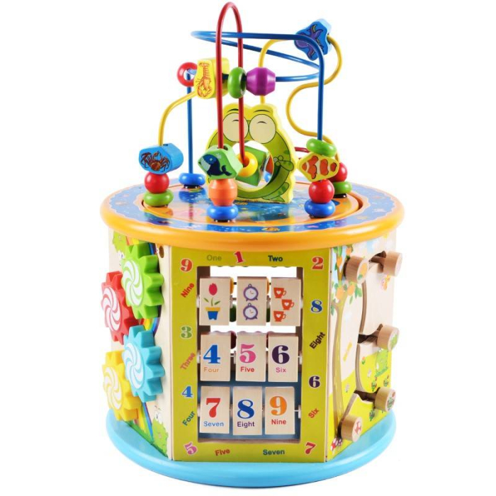 Centru Activitati Montessori 8 in 1 din Lemn, Cub Educativ Multifunctional Broscuta, Abac, Sortator Forme, Labirint, Ceas, Dezvoltare Motricitate si Logica, 3+ ani [10]