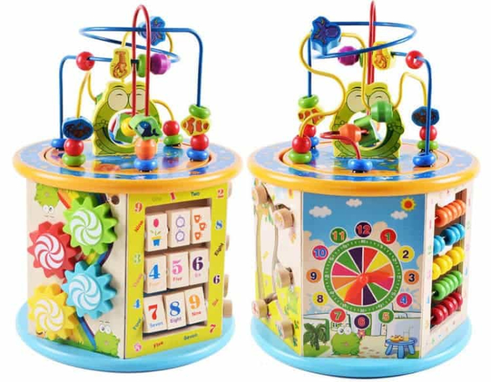 Centru Activitati Montessori 8 in 1 din Lemn, Cub Educativ Multifunctional Broscuta, Abac, Sortator Forme, Labirint, Ceas, Dezvoltare Motricitate si Logica, 3+ ani [2]