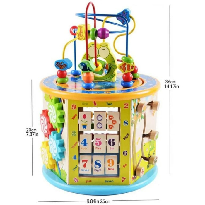 Centru Activitati Montessori 8 in 1 din Lemn, Cub Educativ Multifunctional Broscuta, Abac, Sortator Forme, Labirint, Ceas, Dezvoltare Motricitate si Logica, 3+ ani [28]