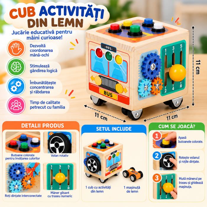 Cub Montessori Busy Cube din Lemn cu Activități, Butoane și Roți Dințate, Joc Senzorial și Motricitate Fină, 3+ Ani [3]