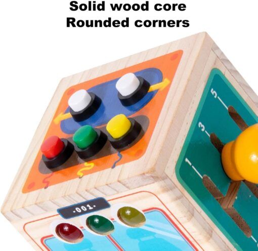 Cub Montessori Busy Cube din Lemn cu Activități, Butoane și Roți Dințate, Joc Senzorial și Motricitate Fină, 3+ Ani [9]