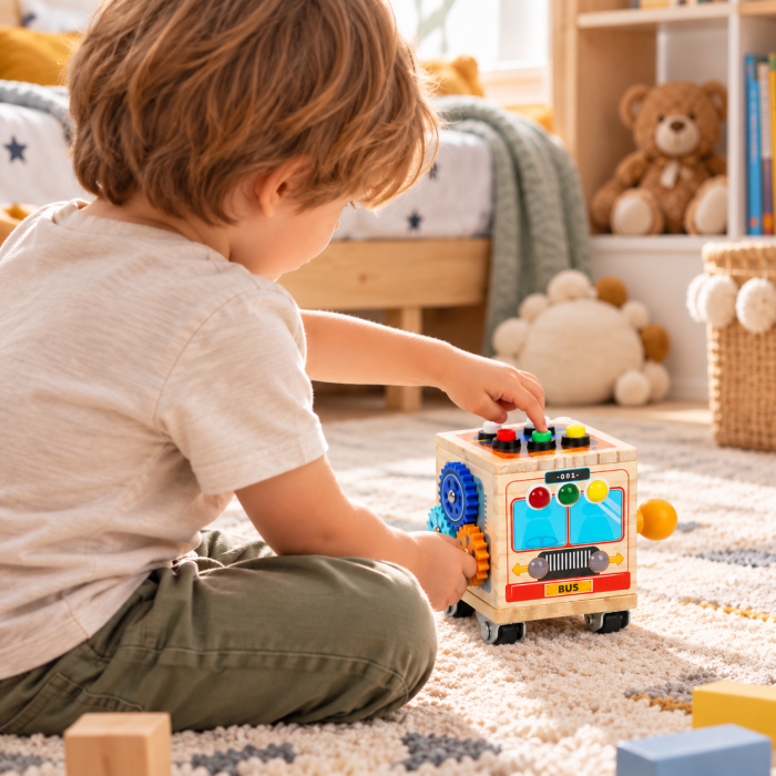 Cub Montessori Busy Cube din Lemn cu Activități, Butoane și Roți Dințate, Joc Senzorial și Motricitate Fină, 3+ Ani [4]