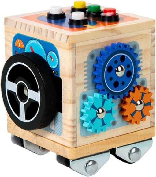 Cub Montessori Busy Cube din Lemn cu Activități, Butoane și Roți Dințate, Joc Senzorial și Motricitate Fină, 3+ Ani [2]