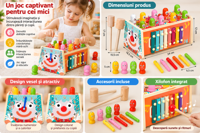 Centru de Activități din Lemn cu Pescuit Magnetic, Xilofon și Joc cu Ciocănel, Jucărie Montessori Multifuncțională pentru Motricitate Fină, 3+ Ani [4]