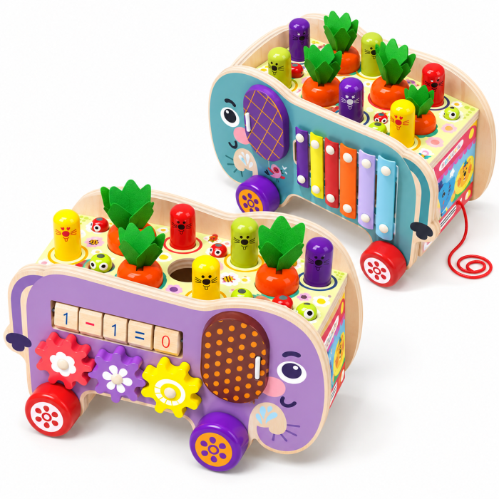 Jucărie Montessori Multifuncțională din Lemn cu Pescuit Magnetic, Ciocănel și Xilofon, Centru de Activități pentru Copii [12]