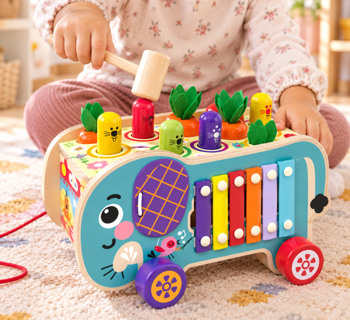 Jucărie Montessori Multifuncțională din Lemn cu Pescuit Magnetic, Ciocănel și Xilofon, Centru de Activități pentru Copii [9]
