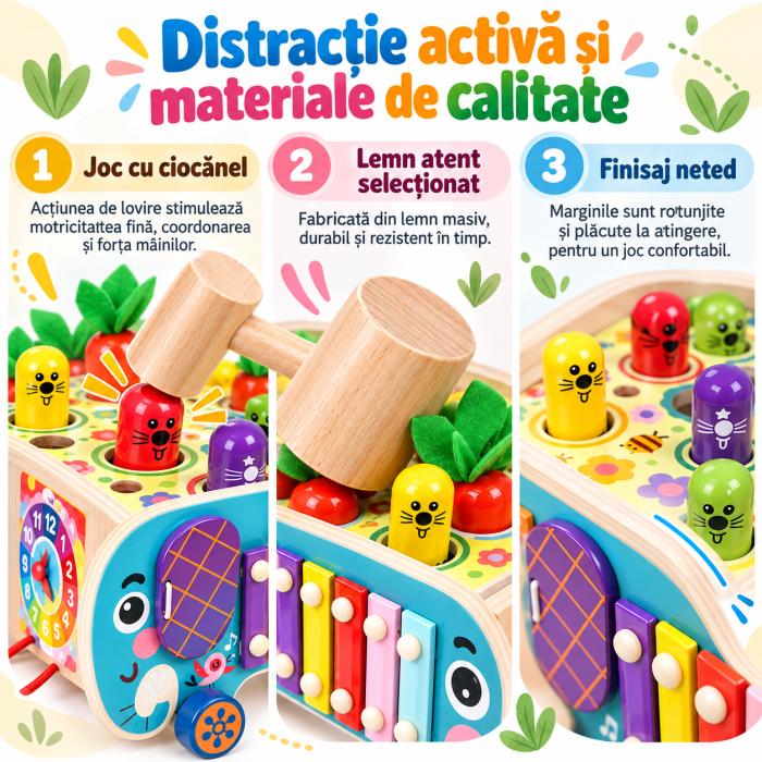Jucărie Montessori Multifuncțională din Lemn cu Pescuit Magnetic, Ciocănel și Xilofon, Centru de Activități pentru Copii [5]
