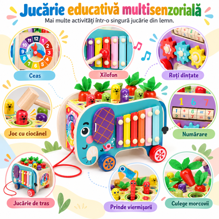 Jucărie Montessori Multifuncțională din Lemn cu Pescuit Magnetic, Ciocănel și Xilofon, Centru de Activități pentru Copii [4]