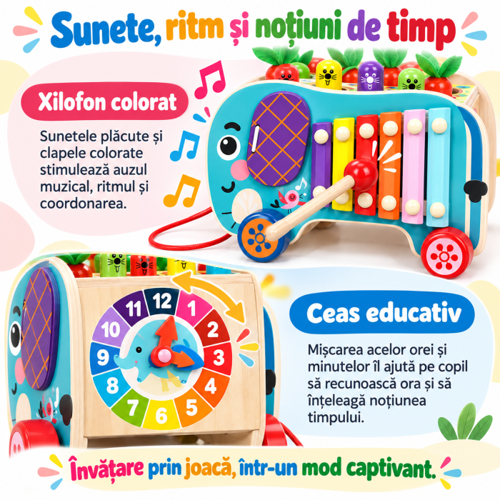Jucărie Montessori Multifuncțională din Lemn cu Pescuit Magnetic, Ciocănel și Xilofon, Centru de Activități pentru Copii [7]